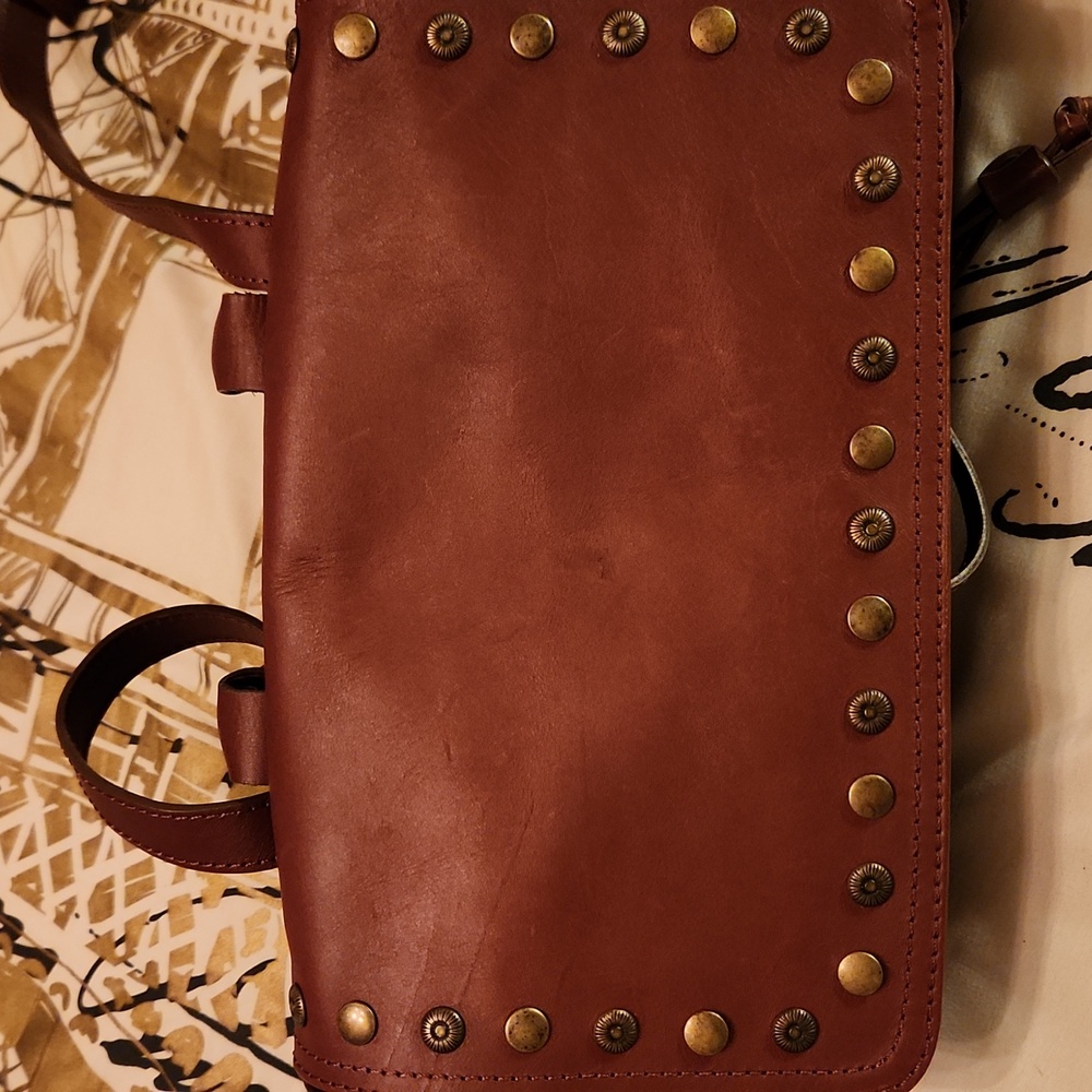 SUNDANCE Simplicity Brown Leather Studded Flap Backpack - Picture 8 of 13